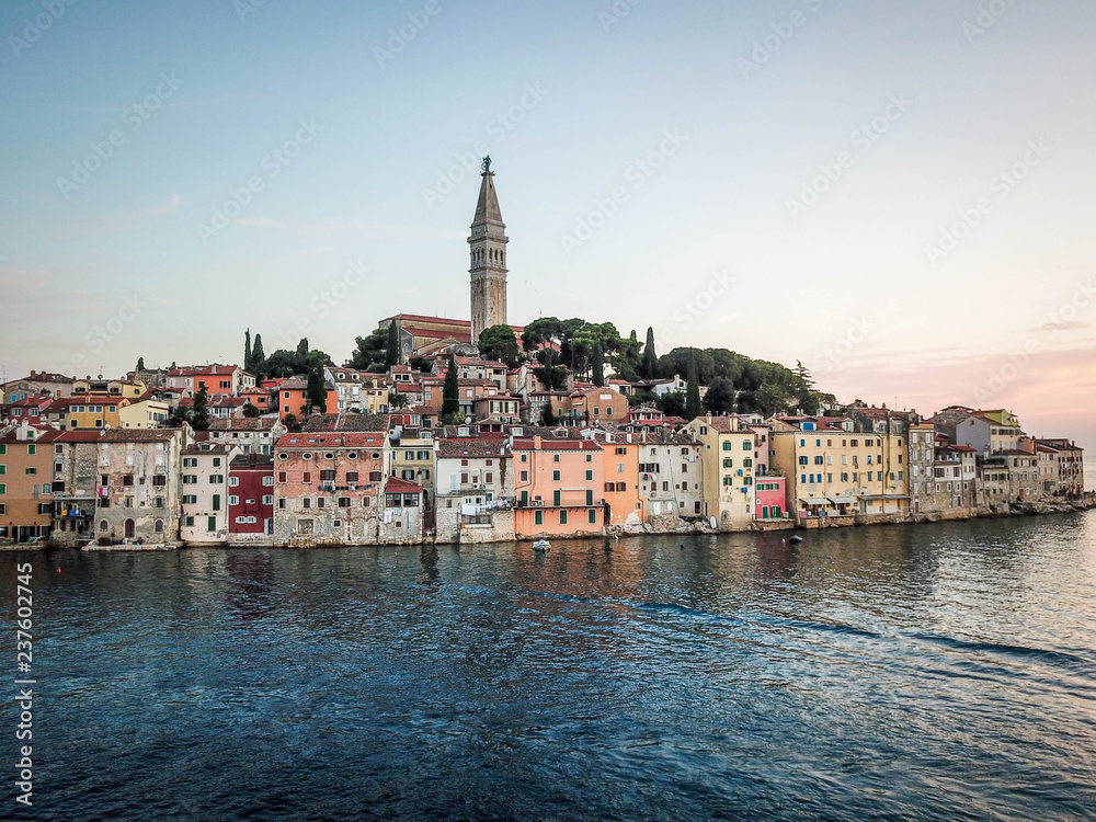 Rovinj old town, sunset, Croatia, aerial view from Adriatic sea