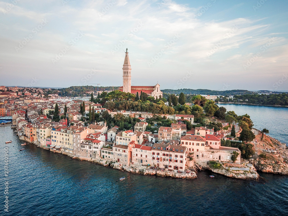 Rovinj old town, sunset, Croatia, aerial view from Adriatic sea