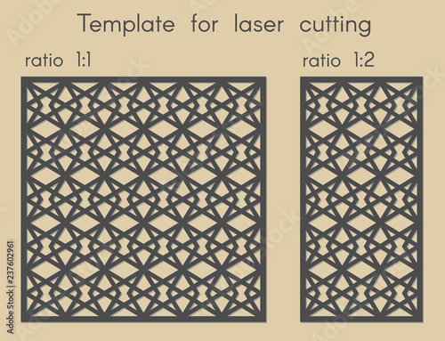 Template for laser cutting. Stencil for panels of wood, metal. Abstract geometric background for cut. Vector illustration. Decorative cards. Ratio 1:1, 1:2.