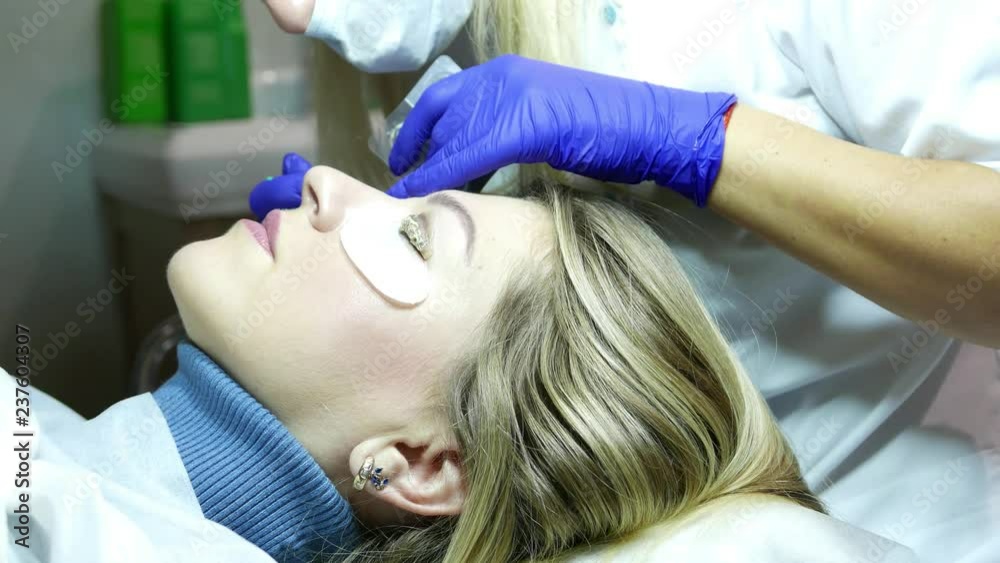 Lamination procedure for eyelashes in a beauty salon. Lamination procedure for eyelashes in a beauty salon.