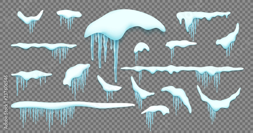 Big set of realistic snow caps, icicles, snowball and snowdrift isolated over white background.