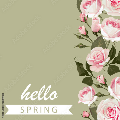 Vector floral green background with roses. Flowered greeting card Hello Spring with pink flowers