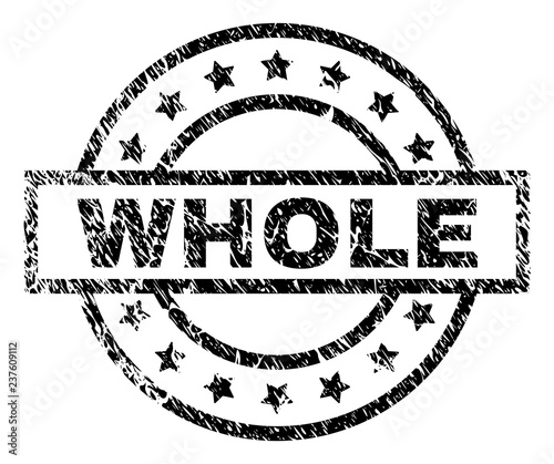 WHOLE stamp seal watermark with distress style. Designed with rectangle, circles and stars. Black vector rubber print of WHOLE title with unclean texture.
