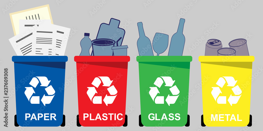 Four selective waste bins for paper, plastic, glass, metal Stock Vector |  Adobe Stock