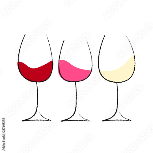 three hand drawn wine glasses with red, rose and white wine - flat vector illustration