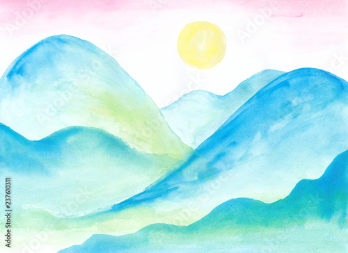 Blue green hills Watercolor landscape with pink sky Morning illustration background photo