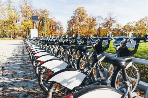 Modern street bike parking, copy space on bicycle