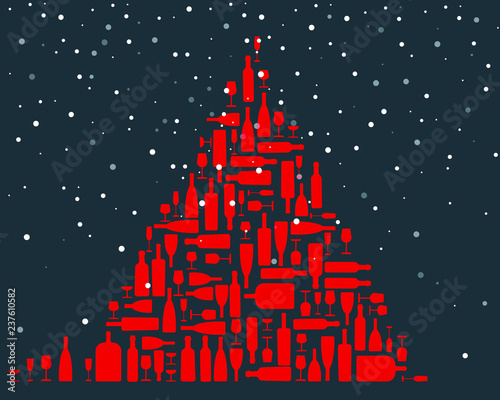 a christmas tree made of red wine bottles and glasses of different form and size - on dark blue background with snow falling from sky - flat vector illustration 