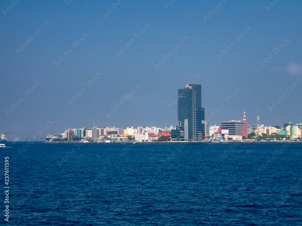 The skyline of Male, capital of the Maldives in the Indian Ocean