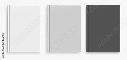 Rectangular vector blank black, white and gray realistic book cover mockup, closed organizer or notebook cover template with sheet of A4. Front view of elegant notepad with binding mock up