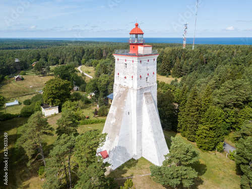 Historical old Kõpu lighthouse (Kopu lighthouse), Hiiumaa island, Estonia aerial drone photo. Birds eye view photo