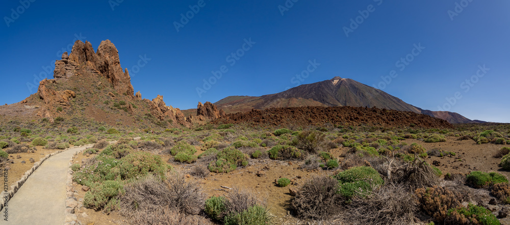 Panoramic view of the lava fields of Las Canadas caldera and rock formations of Roques de Garcia. In the background is the Teide volcano. Tenerife. Canary Islands. Spain.