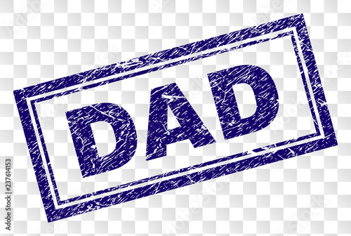 DAD stamp seal print with rubber print style and double framed rectangle shape. Stamp is placed on a transparent background. Blue vector rubber print of DAD title with unclean texture.