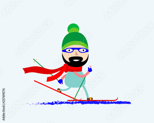 Vector illustration of a smiling man skiing. Skier in glasses stands on skis with ski poles. Flat style.
