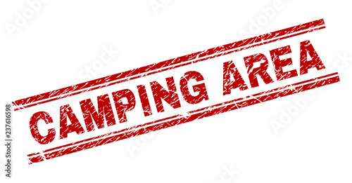 CAMPING AREA seal print with distress texture. Red vector rubber print of CAMPING AREA caption with scratched texture. Text caption is placed between double parallel lines.