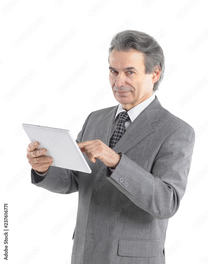 businessman pointing finger at the digital tablet screen.isolated on white background businessman pointing finger at the digital tablet screen.isolated on white background