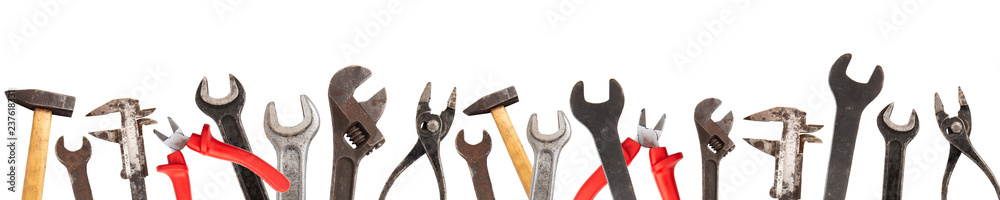 wide collage of old craftsman tools isolated on white background wide collage of old craftsman tools isolated on white background
