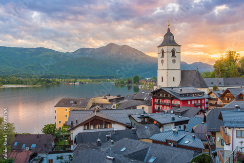 View from the hotel at St. Wolfgang Lake in beautiful Sunset summer time photo