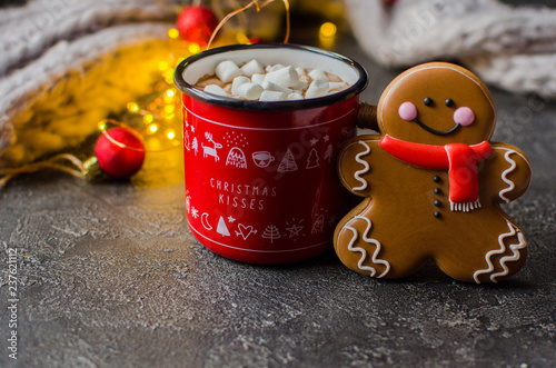 Red mug with hot chocolate with melted marshmallow