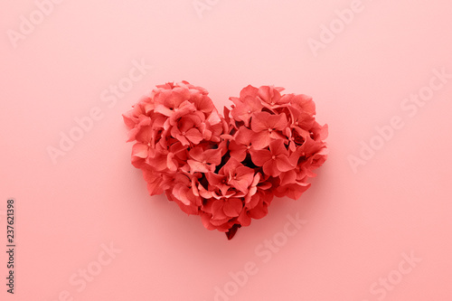 Valentine's Day card. Heart shape made of flowers. Love symbol. Living Coral color of the Year 2019.   photo
