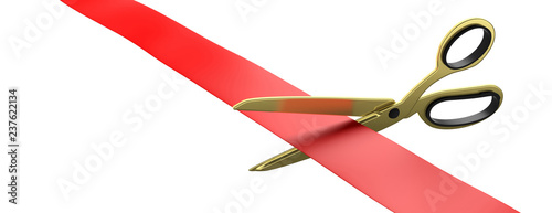 Fotografie Scissors cutting red silk ribbon isolated cutout against white background, banner