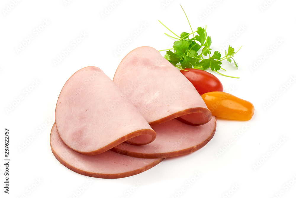 Boiled Ham Slices with parsley and tomatoes, isolated on a white background. Close-up Boiled Ham Slices with parsley and tomatoes, isolated on a white background. Close-up