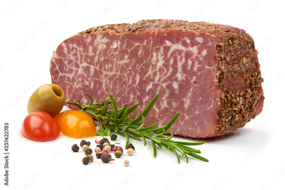 Jerked Marble Pork with herbs, spices and tomatoes, isolated on a white background. Close-up Jerked Marble Pork with herbs, spices and tomatoes, isolated on a white background. Close-up