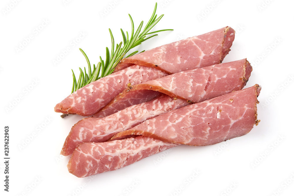 Jerked Marble Pork Slices with herbs, isolated on a white background. Close-up