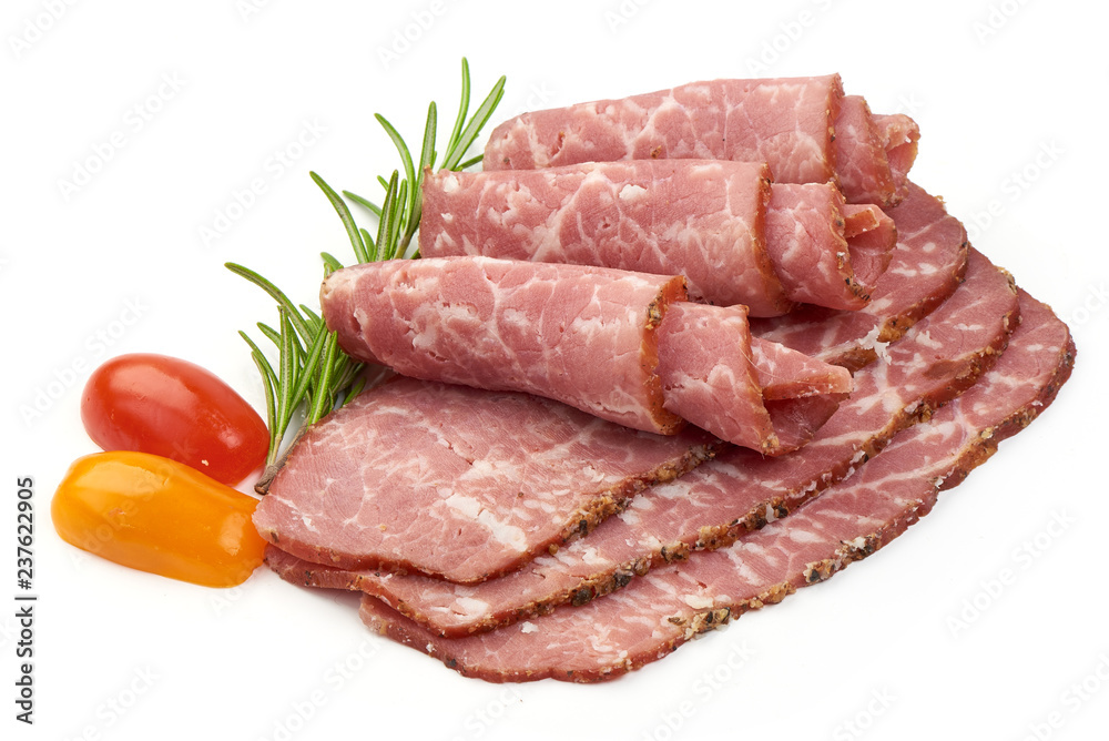 Premium Japanse Marble Meat with herbs and tomatoes, isolated on a white background. Close-up