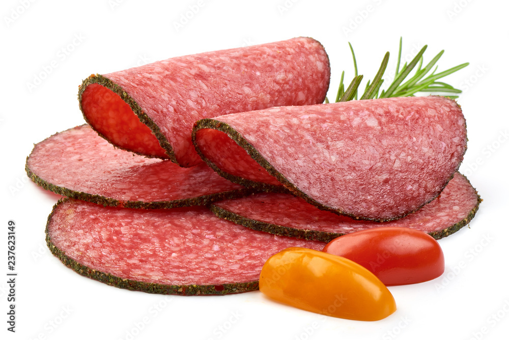 Italian Salami Slices with herbs and tomatoes, isolated on a white background. Close-up Italian Salami Slices with herbs and tomatoes, isolated on a white background. Close-up