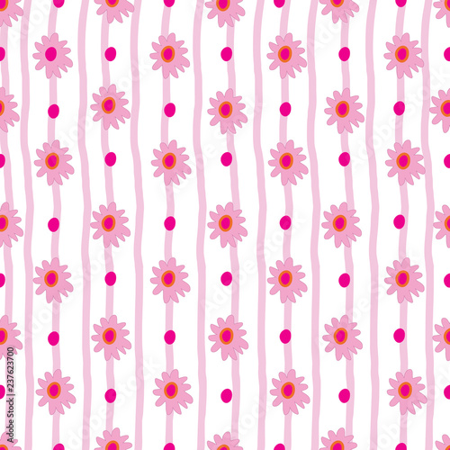 Dasies Flowers on Stripes Background-Flowers in Bloom Seamless Repeat Pattern