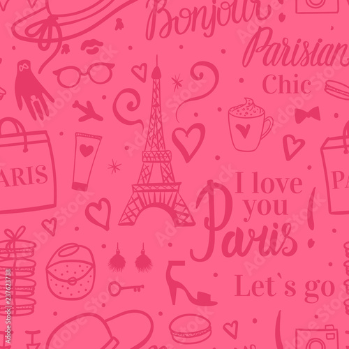 Seamless pattern Abstract girly design. Eiffel Tower with sketch fashion illustrations. Vector Pink background. I love you Paris