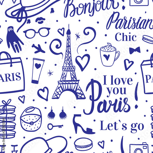 Paris Fashion sketch seamless pattern with lettering, type elements parisian chic. Vector blue handdrawn on white background.