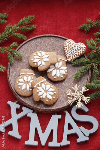 New Year or Christmas background. The text "xmas" and spicy ginger biscuits.