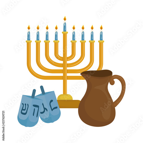 dreidel hanukkah with candlestick and teapot