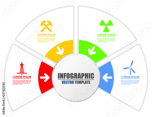 Infographic technology energy production presentation vector template with 4 options. Atomic energy, mining, wind farms, oil and gas exploitation diagram.
