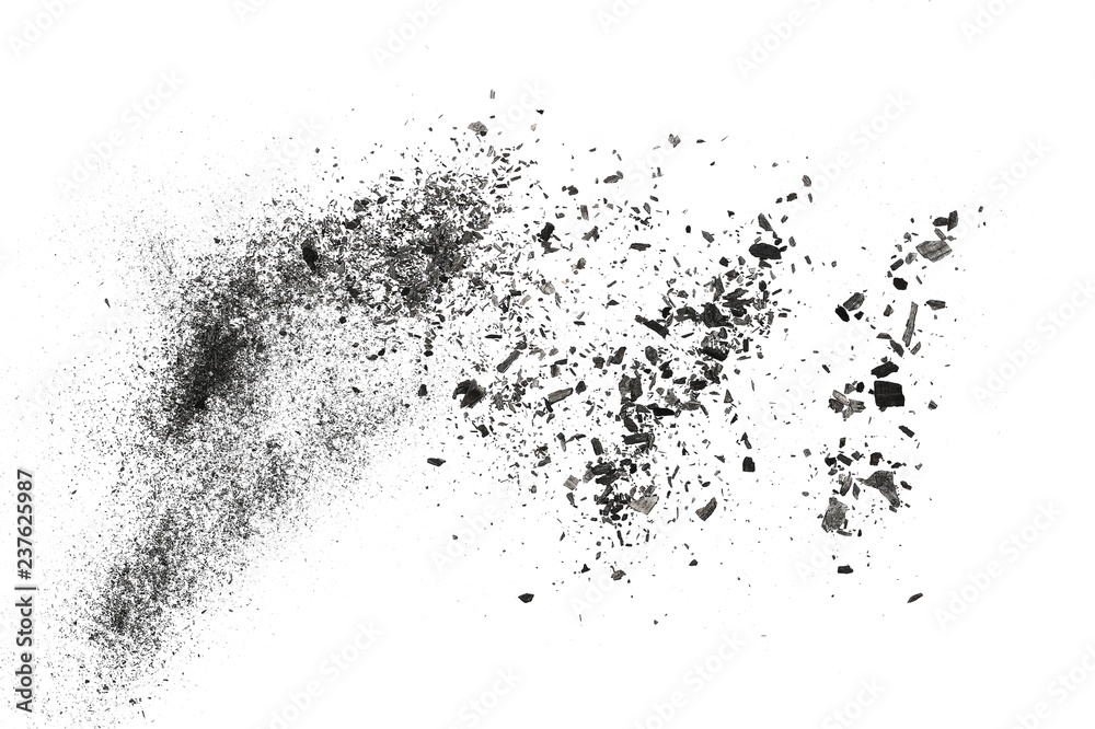 Fototapeta premium Black charcoal dust, gunpowder isolated on white background and texture, top view