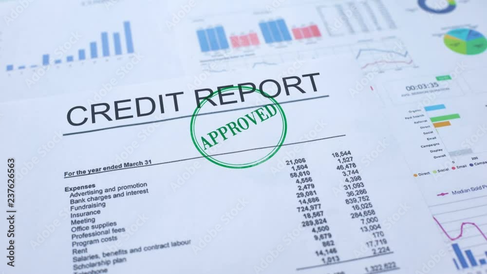 Credit report approved, hand stamping seal on official document, statistics