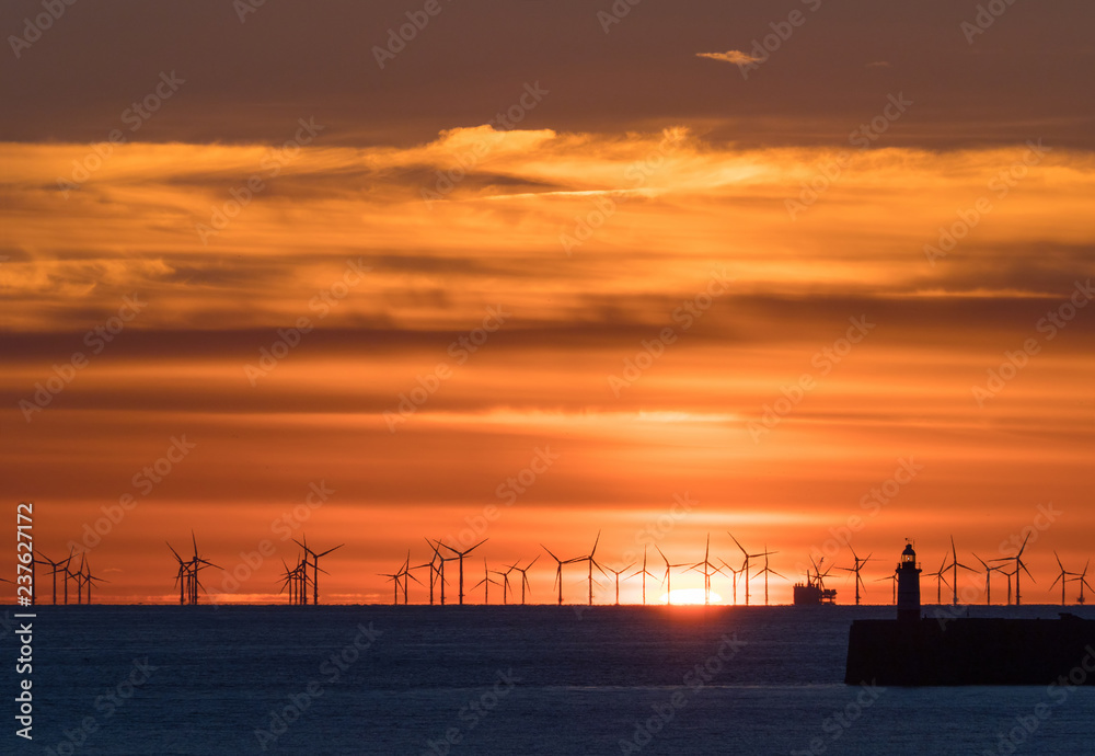 Rampion Windfarm and Newhaven Lighthouse at Sunset