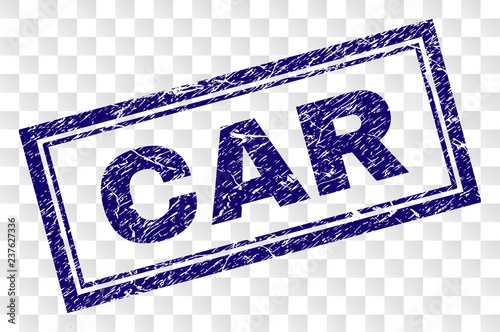 CAR stamp seal watermark with rubber print style and double framed rectangle shape. Stamp is placed on a transparent background. Blue vector rubber print of CAR caption with corroded texture.