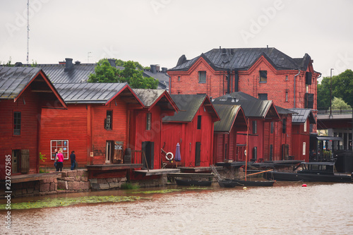 View of Porvoo old town with red wooden sheds, Borga, a city and a municipality situated on the southern coast of Finland approximately 50 kilometres (30 mile) east of Helsinki, Finland