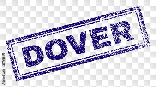 DOVER stamp seal watermark with rubber print style and double framed rectangle shape. Stamp is placed on a transparent background. Blue vector rubber print of DOVER label with unclean texture.