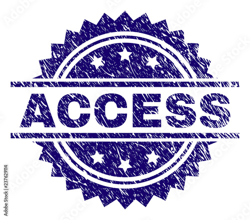 ACCESS stamp seal watermark with distress style. Blue vector rubber print of ACCESS tag with scratched texture.