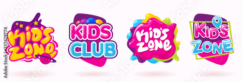 Kids zone colorful banner set. Colorful caramel text on abstract background. Sign for children's game room. Funny cartoon frames. Bright decoration element for childish party. Vector eps 10.