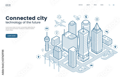Smart city isometric thin line illustration. Intelligence buildings. Streets of the city connected to computer network. Urban infrastructure. Business center with skyscrapers. Vector eps 10.