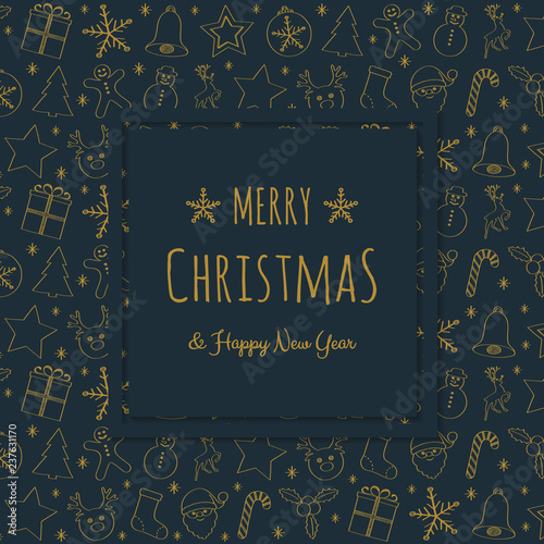 Merry Christmas and Happy New Year - card with hand drawn decorations. Vector.