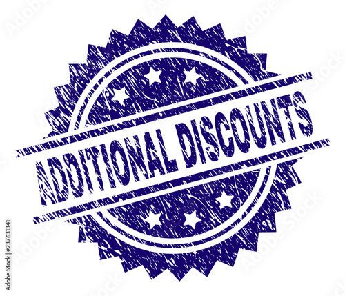 ADDITIONAL DISCOUNTS stamp seal watermark with distress style. Blue vector rubber print of ADDITIONAL DISCOUNTS caption with corroded texture.