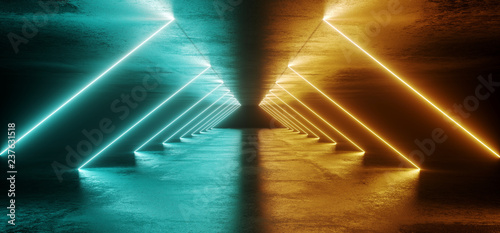 Sci Fi Abstract Futuristic Modern Dark Empty Grunge Textured Concrete Long Corridor Tunnel With Triangle  Neon Led Laser Tube Light Lines Glowing Orange And Blue With Reflections 3D Rendering photo