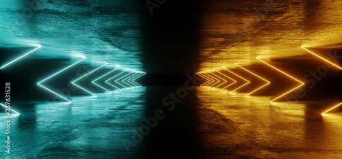 Sci Fi Abstract Futuristic Modern Dark Empty Grunge Textured Concrete Long Corridor Tunnel With Neon Led Laser Tube Light Lines Glowing Orange And Blue With Reflections 3D Rendering