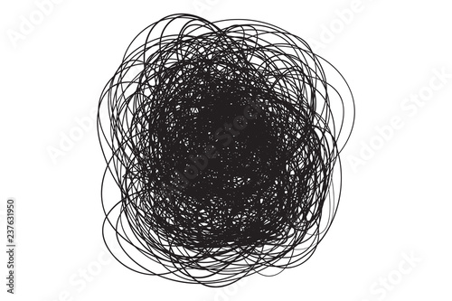 Tangled shape on white. Chaos pattern. Scribble sketch. Background with array of lines. Intricate chaotic texture. Art creation. Black and white illustration. Doodle for posters and flyers